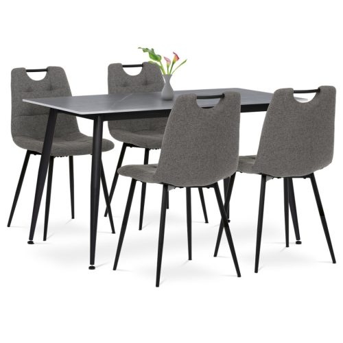 Set de sufragerie 1+4, masa 130x70, blat din piatră sinterizată cu model marmura gri mat, scaune cu tapițerie din stofă gri
