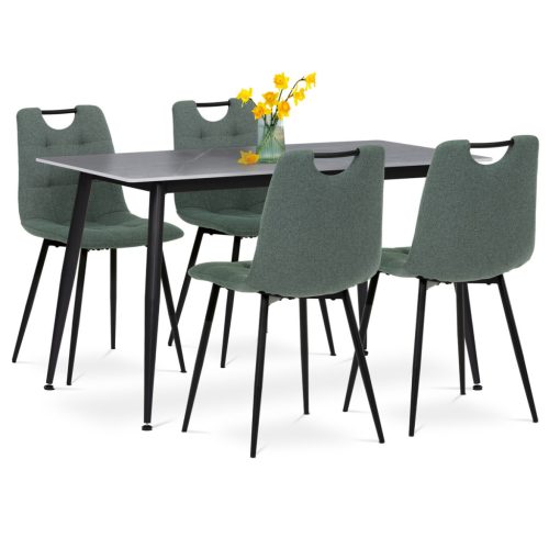 Set de sufragerie 1+4, masa 130x70, blat din piatra sinterizată cu model marmură gri mat, scaune cu manere, tapițerie din stofa verde