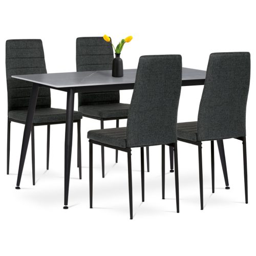 Set de sufragerie 1+4, masă 130x70, blat din piatră sinterizată cu model de marmură gri mat, scaune cu tapițerie din material verde intens