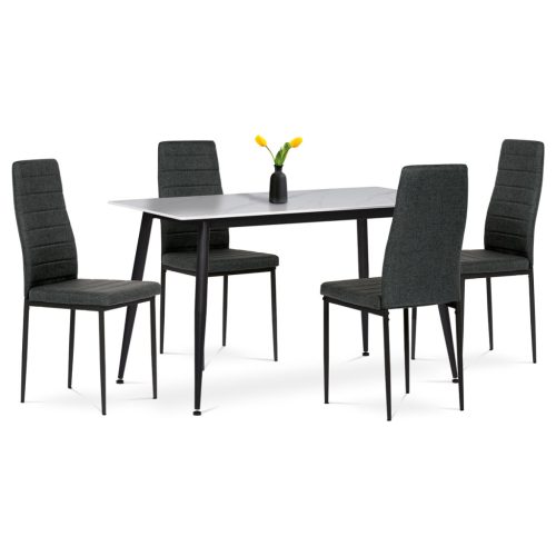 Set de dining 1+4, masă 130x70, blat din piatră sinterizată cu imitație de marmură alb mat, scaune tapițate cu material textil verde, finisaj negru lăcuit.