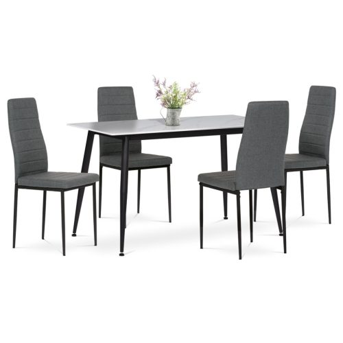 Set de dining 1+4, masă 130x70, blat din piatră sinterizată cu imitație de marmură alb mat, scaune tapițate cu material textil gri, finisaj negru lăcuit.