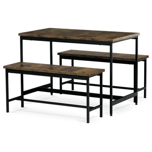 Set de masă format din 1 masă + 2 bănci, dimensiuni masă 110x60x75, dimensiuni bancă 98x30x47, MDF, culoare stejar vechi. Nu este rezistent la apă și UV.