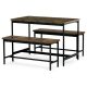 Set de masă format din 1 masă + 2 bănci, dimensiuni masă 110x60x75, dimensiuni bancă 98x30x47, MDF, culoare stejar vechi. Nu este rezistent la apă și UV.