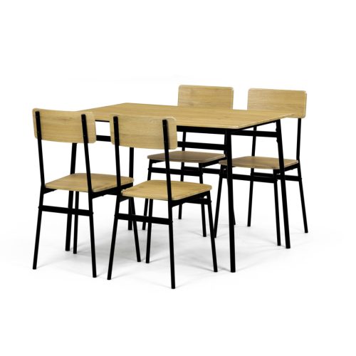 Set de sufragerie Masă cu Patru Scaune, MDF, decor Stejar Natural, cadru metalic negru