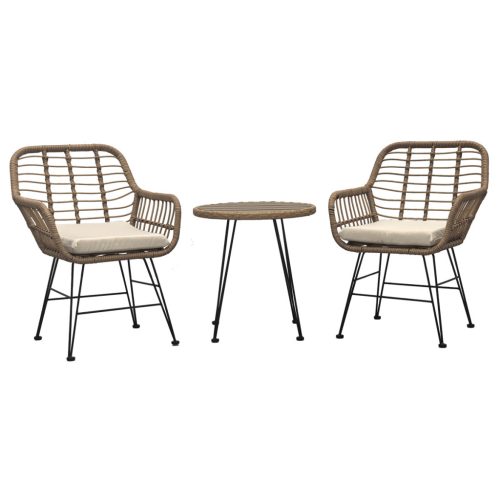 Set mobilier de grădină, masă + 2 scaune, cadru metalic, rattan sintetic, material textil bej, blat polywood