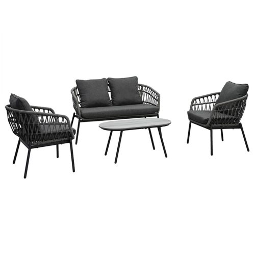 Set grădină 1+1+2, masă 90x48 cm, scaune și bancă dublă, rattan sintetic antracit, metal antracit, material textil gri închis, rezistent la apă