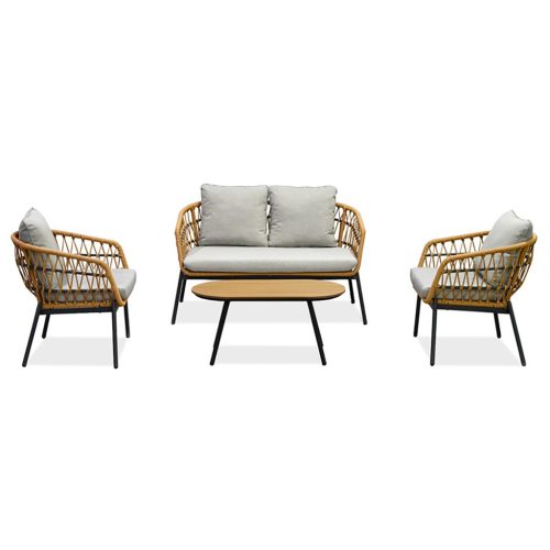 Set grădină 1+1+2, masă 90x48 cm, scaune și o bancă dublă, rattan sintetic cu aspect natural, metal antracit, material textil gri deschis, rezistent la apă