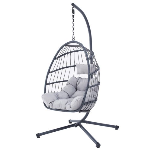 Fotoliu suspendat de grădină, împletitură rattan sintetic antracit, husă material textil gri