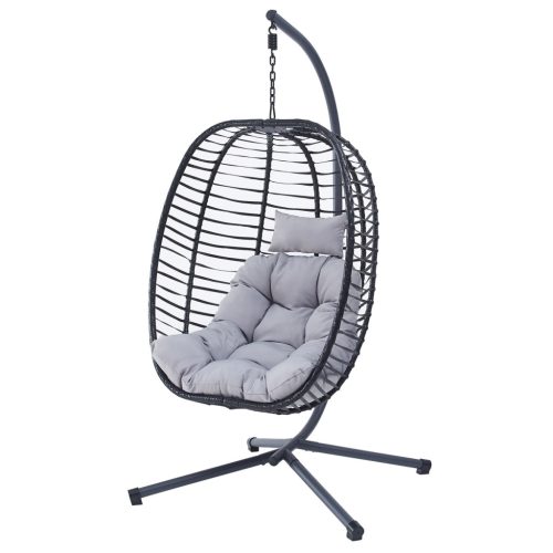 Fotoliu suspendat de grădină, împletitură rattan sintetic antracit, husă material textil gri