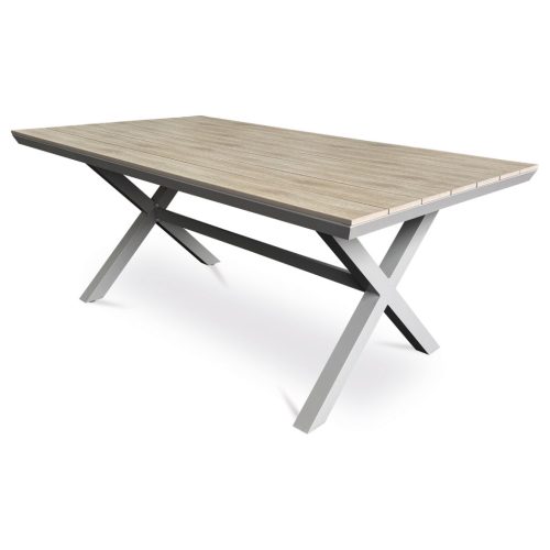 Masă de grădină 180x100x75 cm, blat din polywood decor stejar deschis, structură din aluminiu, culoare bej