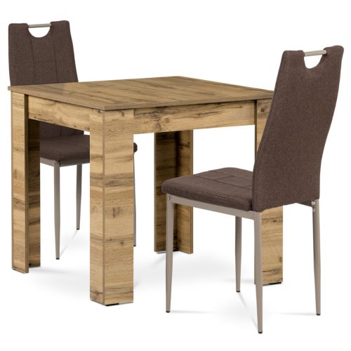 Set de sufragerie 1+2, masă 80x80 cm, MDF stejar wotan, scaune cu tapițerie din material maro