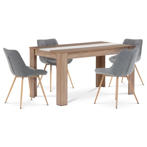 Set de sufragerie 1+4, masa 138x80cm, MDF stejar sonoma. Scaune cu tapițerie din stofă gri, picioare metalice cu decor stejar