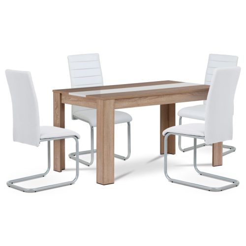 Set de sufragerie 1+4, masă 138x80 cm, MDF stejar sonoma, scaune cu tapițerie din piele ecologică albă