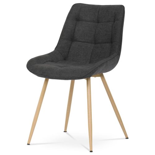 Scaun de dining vintage negru, tapițat cu material textil, picioare metalice, decor stejar 3D pe picioare.