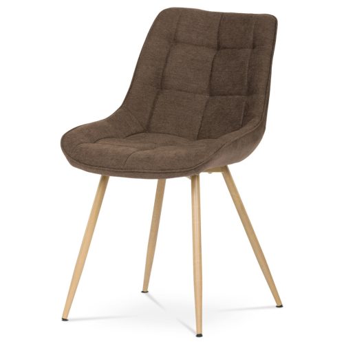 Scaun de dining, tapițat cu material textil maro, picioare metalice, decor stejar 3D.