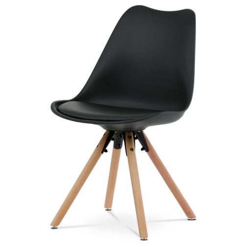 Scaun cu carcasă din plastic negru, scaun din piele ecologică, picioare din fag natural masiv