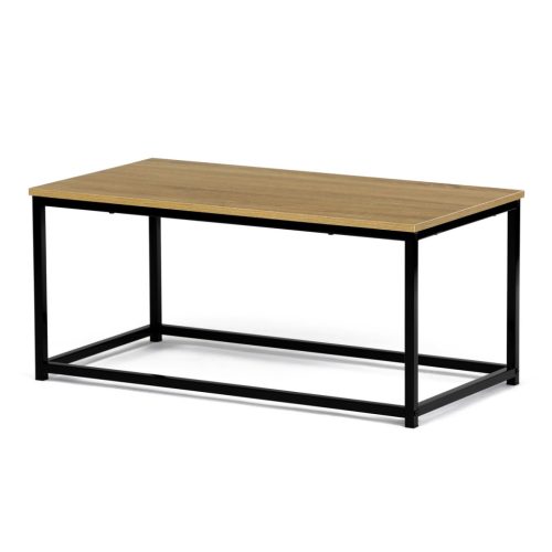Măsuță de cafea modernă de culoare stejar, 90x48x41 cm, MDF, decor stejar salbatic, metal negru