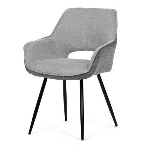 Scaun de sufragerie modern, în stil industrial, tapițerie din material gri, picioare din metal negru.