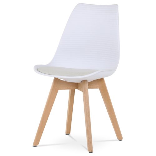  Scaun de sufragerie scandinav, carcasă din plastic alb, pernă de scaun din material alb, picioare din fag natural solid