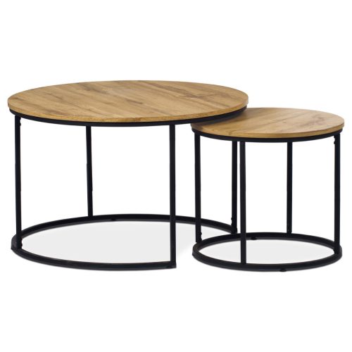 Set masuță de cafea din 2 buc, blat MDF, decor stejar salbatic, bază metalică, lac negru
