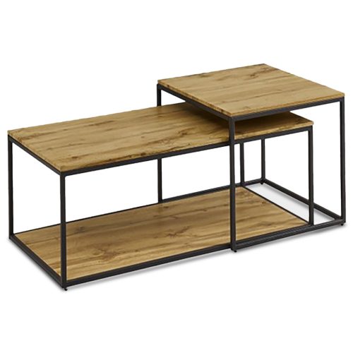 Set masuță de cafea din 2 bucăți, placă MDF, decor stejar salbatic, baza metalica, lac negru