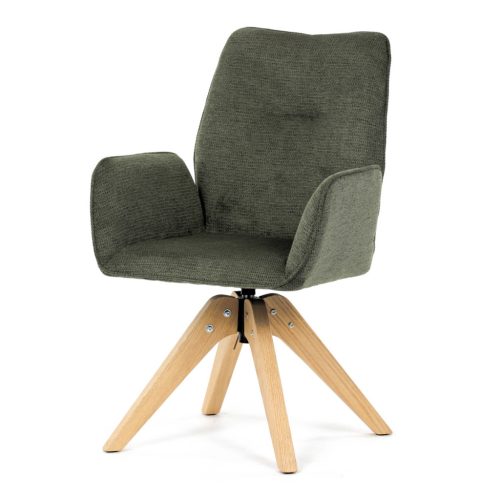 Scaun de sufragerie cu cotiere, din material verde hidrofug, cu picioare de stejar, rotativ la 360°