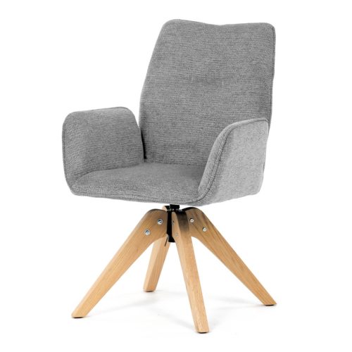Scaun de sufragerie cu cotiere, din material hidrofug gri deschis, cu picioare de stejar, rotativ 360°