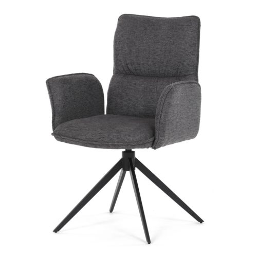 Scaun de dining rotativ, tapițat cu material textil gri, mecanism rotativ 360°, picioare metalice negre