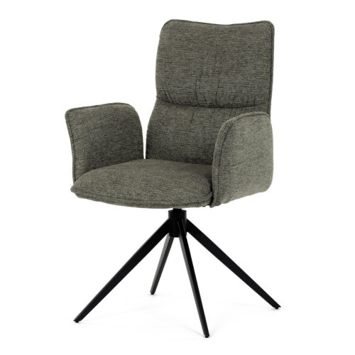 Scaun de dining rotativ, tapițat cu material textil verde, mecanism rotativ 360°, picioare metalice negre