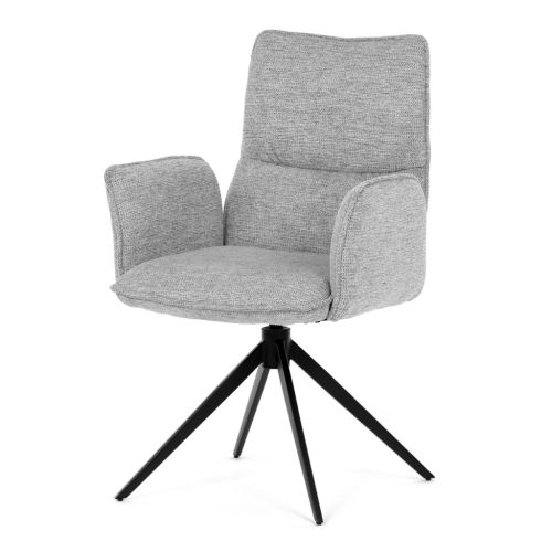 Scaun de dining rotativ, tapițat cu material textil gri, mecanism rotativ 360°, picioare metalice negre