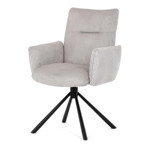 Scaun de dining rotativ, material textil tip catifea côtelată crem, mecanism rotativ 360°, picioare metalice negre.