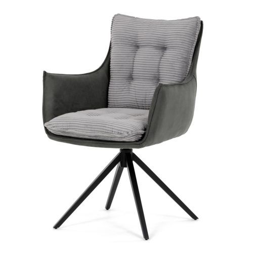 Scaun de dining de lux, tapițat cu material textil gri, mecanism rotativ 360°, picioare metalice negre.