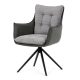 Scaun de dining de lux, tapițat cu material textil gri, mecanism rotativ 360°, picioare metalice negre.