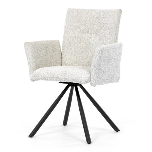 Scaun de sufragerie pivotant, țesătură Bouclé, picioare din metal negru, mecanism de rotire 90°/90° (dreapta/stânga) - funcție de resetare