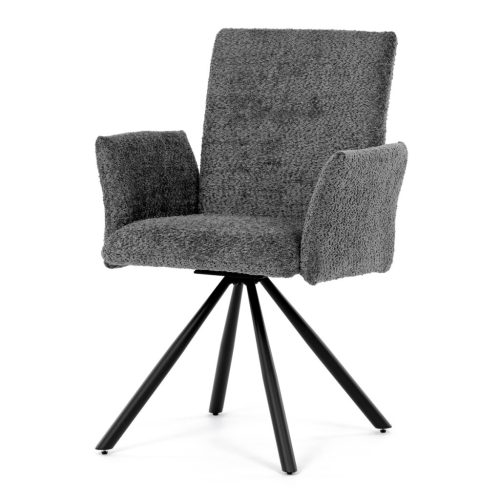Scaun de sufragerie pivotant / Fotoliu de sufragerie, țesătură gri, picioare din metal negru, mecanism rotativ 90°/90° (stânga/dreapta) - funcție de resetare