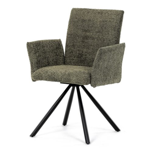 Scaun de sufragerie pivotant / Fotoliu de sufragerie, țesătură vintage verde, picioare din metal negru, mecanism de rotire 90°/90° (stânga/dreapta) - funcție de resetare