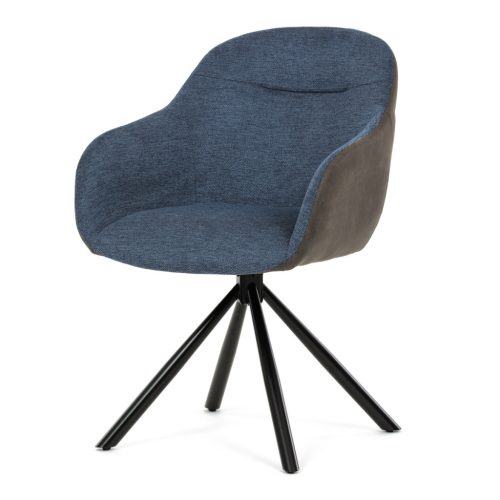 Scaun de sufragerie pivotant, țesătură albastră și țesătură gri închis, cu decor vintage din piele, metal negru, rotativ P90°+ L90° cu mecanism de retragere