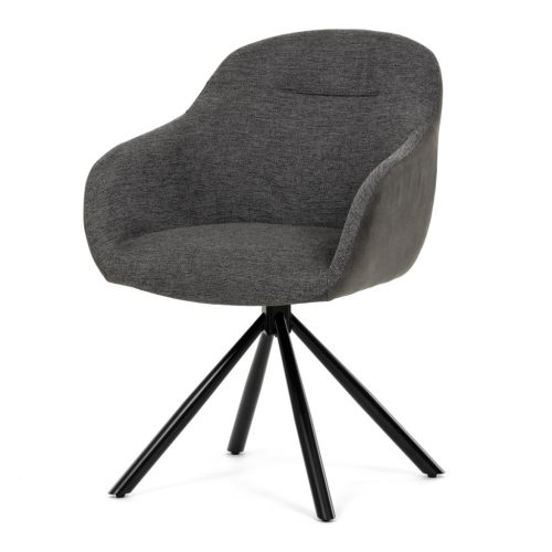 Scaun de sufragerie pivotant, țesătură gri și țesătură gri închis, cu decor vintage din piele, metal negru, mecanism de retragere rotativ P90°+ L90°.