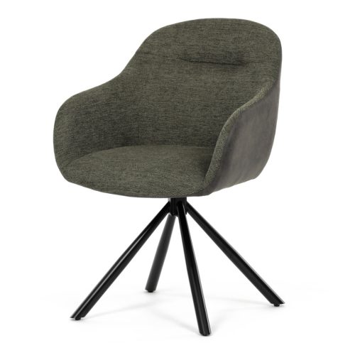 Scaun de sufragerie pivotant, țesătură verde și țesătură gri închis, cu decor vintage din piele, metal negru, rotativ P90°+ L90° cu mecanism de retragere