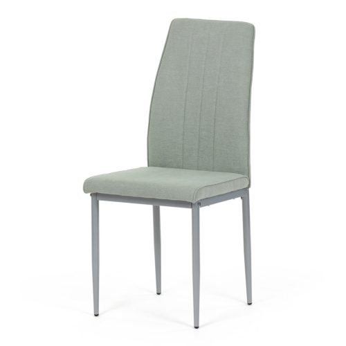 Scaun de sufragerie, tapițerie din material verde, picioare din metal gri