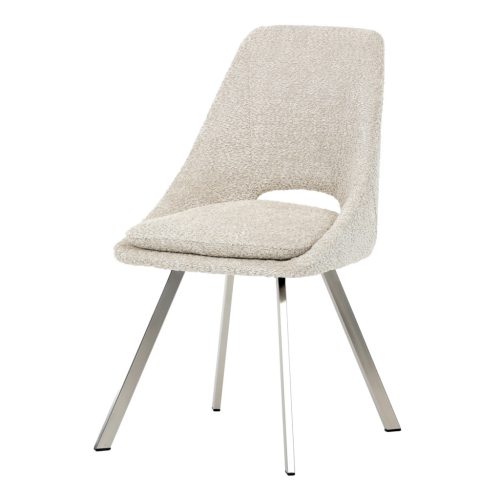 Scaun de sufragerie modern, tapițerie din material crem, picioare metalice, oțel inoxidabil periat.