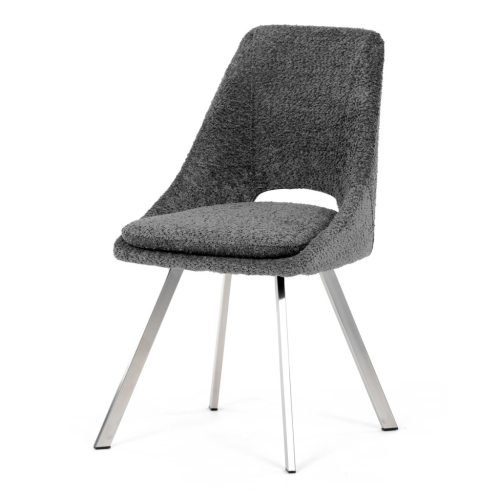Scaun de sufragerie modern, tapițerie din material gri, picioare metalice, oțel inoxidabil periat.