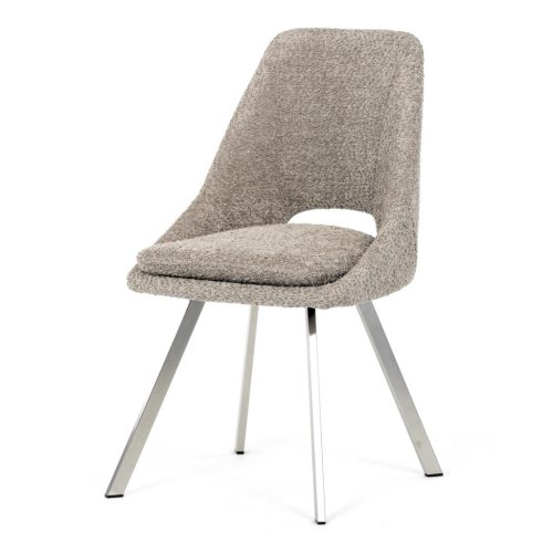 Scaun de sufragerie modern, tapițerie din material  de culoare trufă, picioare metalice, oțel inoxidabil periat.