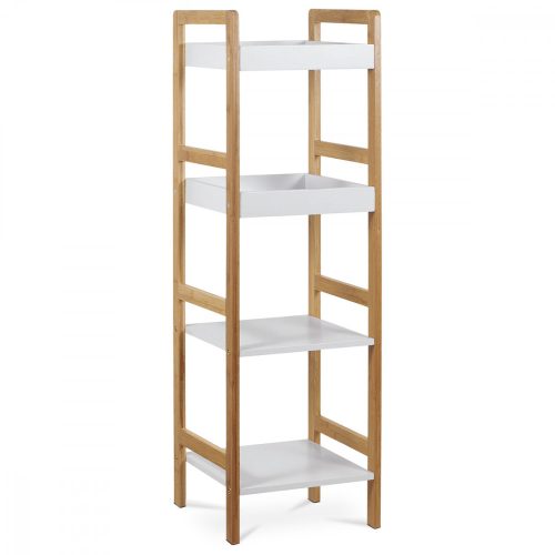 Dr-013-4  Etajeră  De Bambus Culoare Natur,4 Rafturi Din MDF Alb, Rezistă Pînă La 12 Kg.