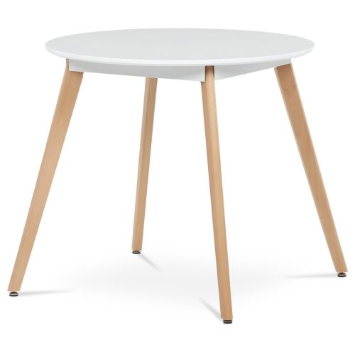 Masă rotundă, 80x80x74 cm, MDF - lac mat alb, cadru metalic, picioare din lemn