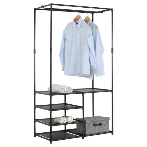 Suport haine cu patru rafturi, culoare neagra, metal/plastic