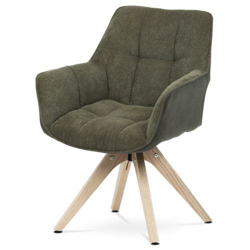 Scaun de sufragerie pivotant / Fotoliu de sufragerie conferință Tapițerie din material verde cu decor din piele periată, picioare din stejar masiv, mecanism de rotire la 360°