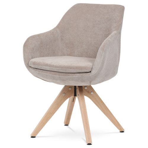 Scaun de sufragerie pivotant, material bej, picioare din stejar masiv, mecanism de rotire la 360°