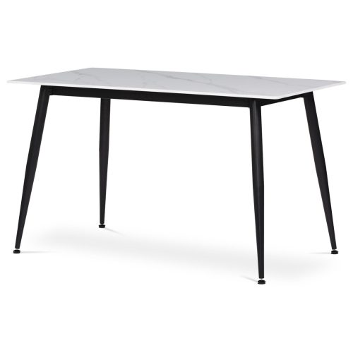 Masă  albă cu efect de marmură, cu blat din ceramică, picioare din metal negru. Dimensiuni: 130x70 cm. HT-403M.