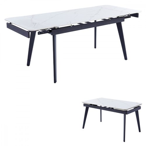 Masă de sufragerie modernă 120+30+30x80 cm cu blat  ceramic cu model de marmură albă HT-405M 